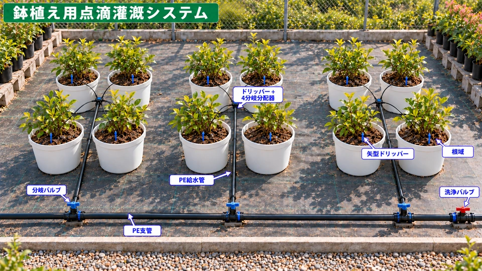灌漑システム図: 鉢植えの点滴灌漑