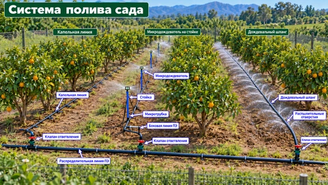 Схема ирригационной системы: Системы капельного орошения садов