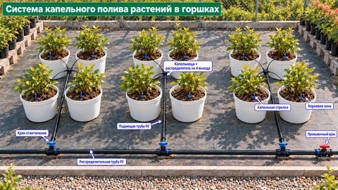 Схема ирригационной системы: Капельное орошение горшечных растений