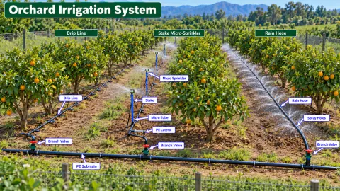 Labeled orchard drip irrigation systems diagram showing the water distribution components