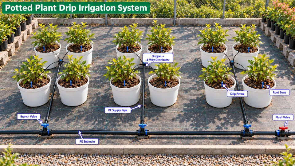Labeled drip irrigation for potted plants diagram showing the water distribution components